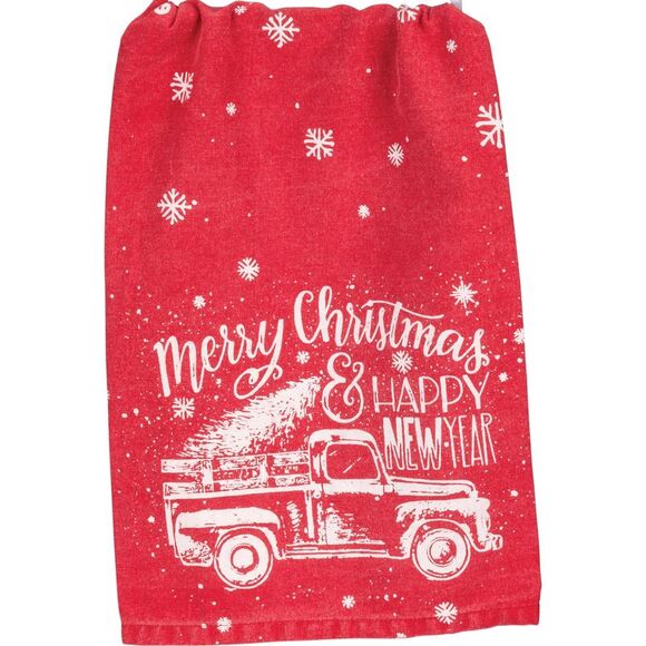 Red Truck Snowflakes Merry Christmas Happy New Year Holiday Kitchen Dish Towel - Picture 1 of 5